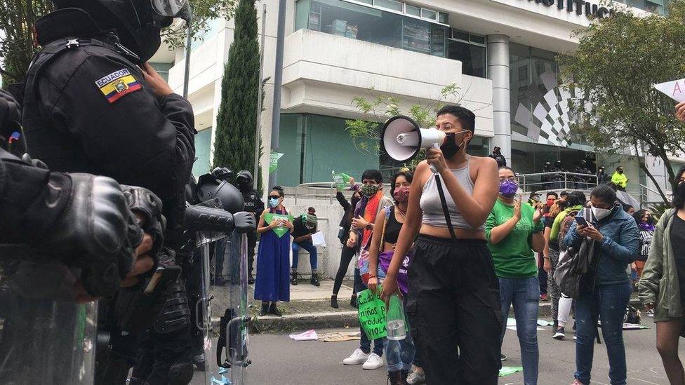 Activists from Ecuadorian feminist groups demonstrate in favour of the decriminalisation of abortion in Quito