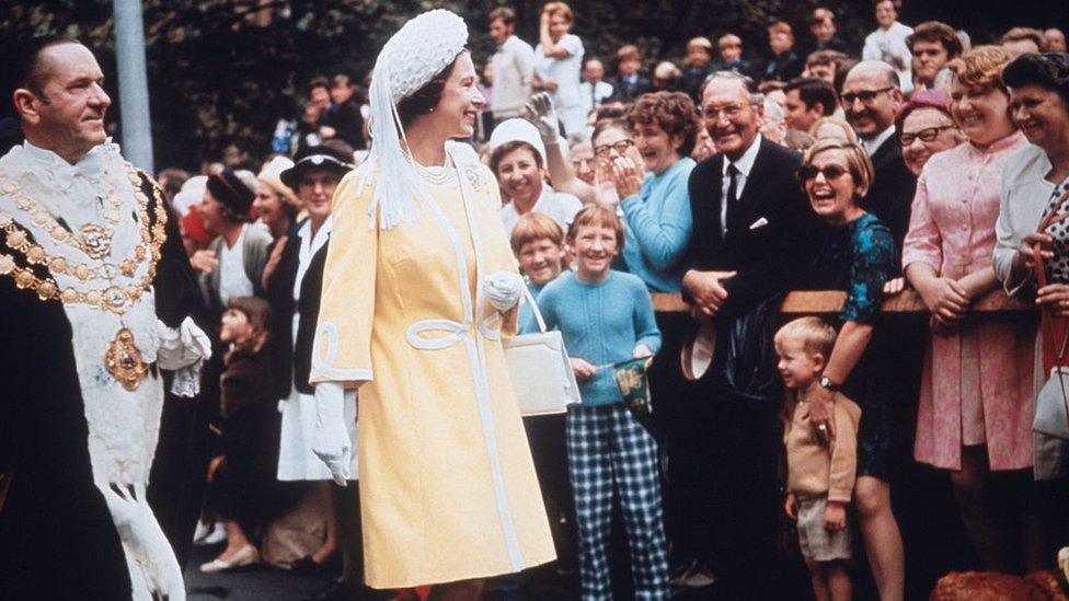 Queen Elizabeth II visits the Town Hall in Sydney with Emmet McDermott (1911 - 2002), Lord Mayor of Sydney, during her tour of Australia, May 1970. She is there in connection with the bicentenary of Captain Cook's 1770 expedition to Australia