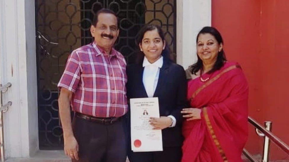 Sarah Sunny with her parents Sunny Kuruvilla and Betty Sunny after enrolling in the bar in 2021