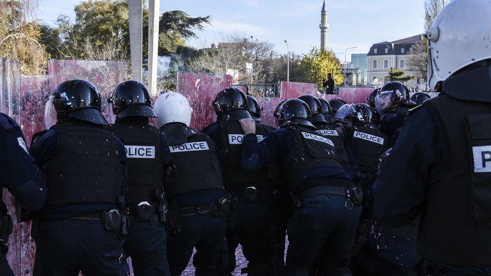 Paint, stones and petrol bombs were hurled at police outside parliament on Tuesday (17 Nov)