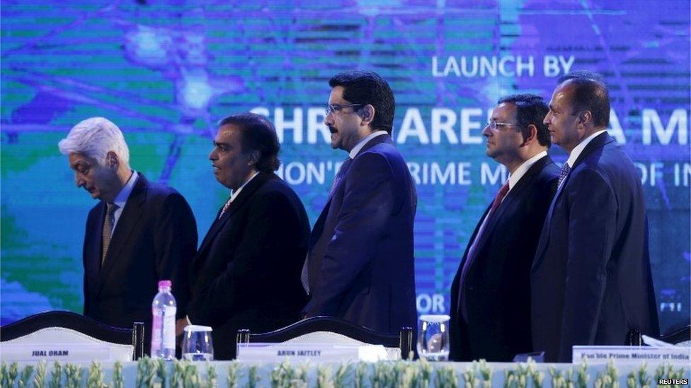 Azim Premji, chairman of Wipro, Mukesh Ambani, chairman of Reliance Industries Limited, Kumar Mangalam Birla, chairman of Aditya Birla Group, Cyrus Mistry, chairman of Tata Group, and Anil Ambani, chairman of the Reliance Anil Dhirubhai Ambani Group (L-R) attend the launch of â€œDigital India Weekâ