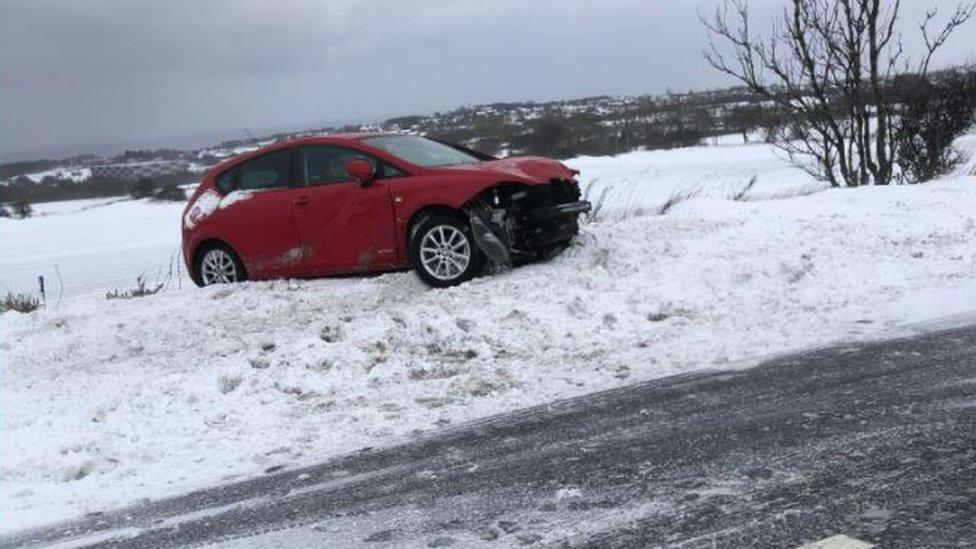 Crashed car on A19 on Teesside, near Wingate