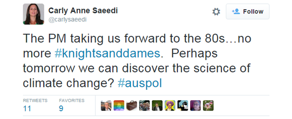 Tweet saying: "The PM taking us forward to the 80s... no more #knigtsanddames. Perhaps tomorrow we can discover the science of climate change? #auspol