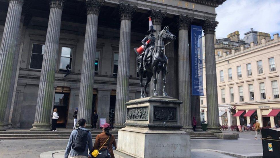 Duke of Wellington statue with a cone with a propeller on top