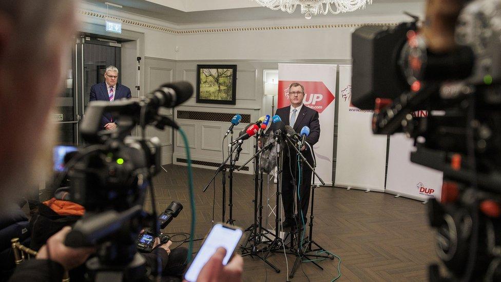 Sir Jeffery Donaldson MP during a press conference at Hinch Distillery