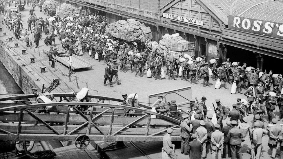 May 1919: Canadian troops boarding Canadian Pacific liner Empress of Britain before leaving Liverpool