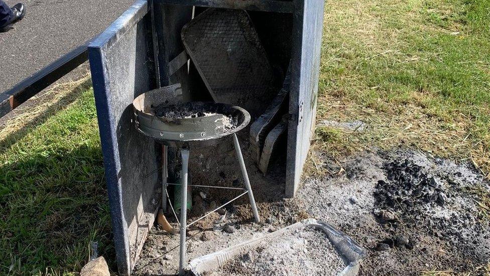 Remains of barbecues in East Beach in Shoebury, Southend