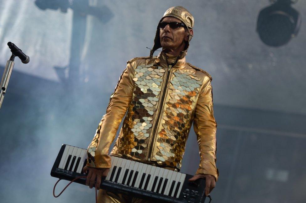 Christian Flake Lorenz performing during a Rammstein gig