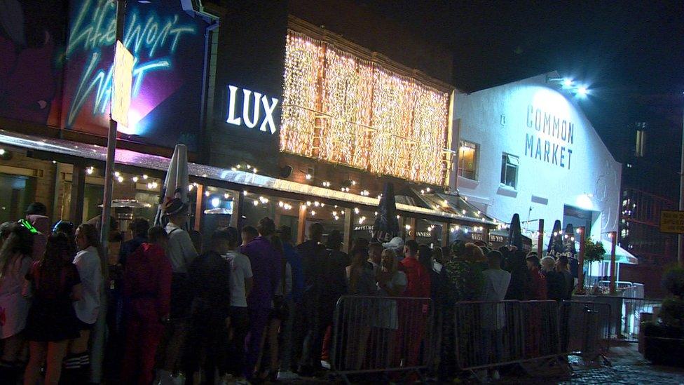 A long queue at Lux nightclub in Belfast on Sunday evening