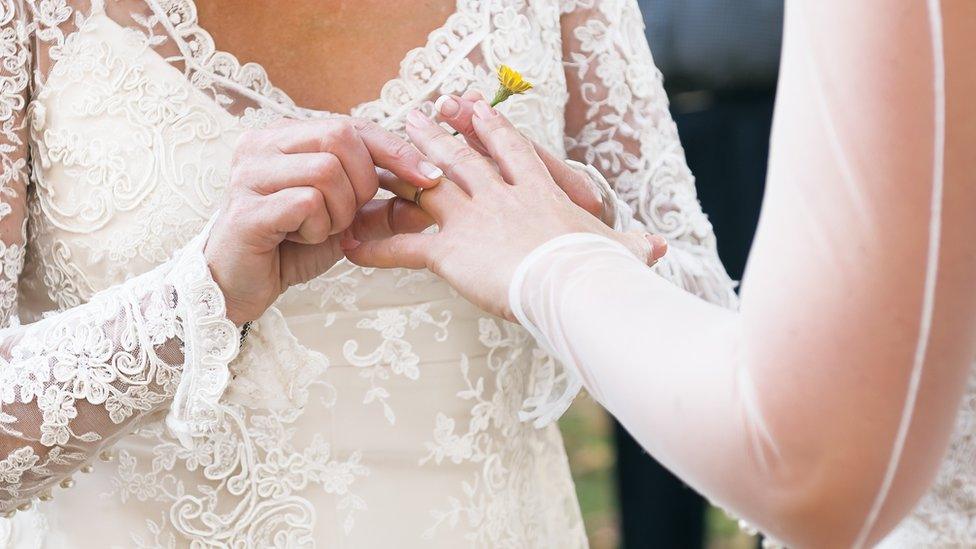 Brides exchanging wedding rings