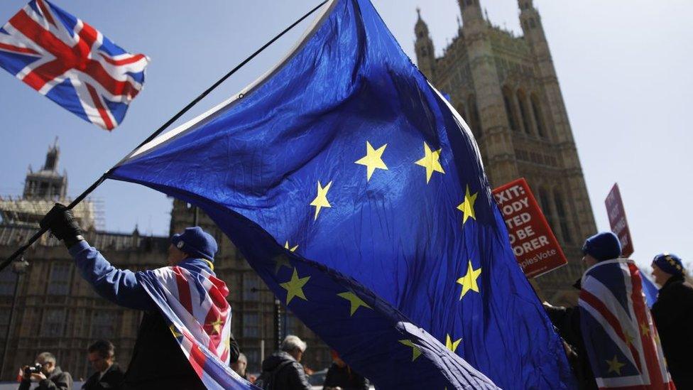 EU and Union flags outside Parliament