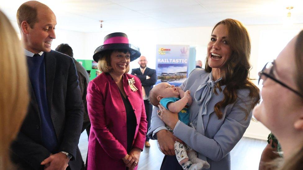 The royal couple meet Vice Lord Lieutenant of County Antrim, Miranda Gordon, on a visit to Carrick Connect