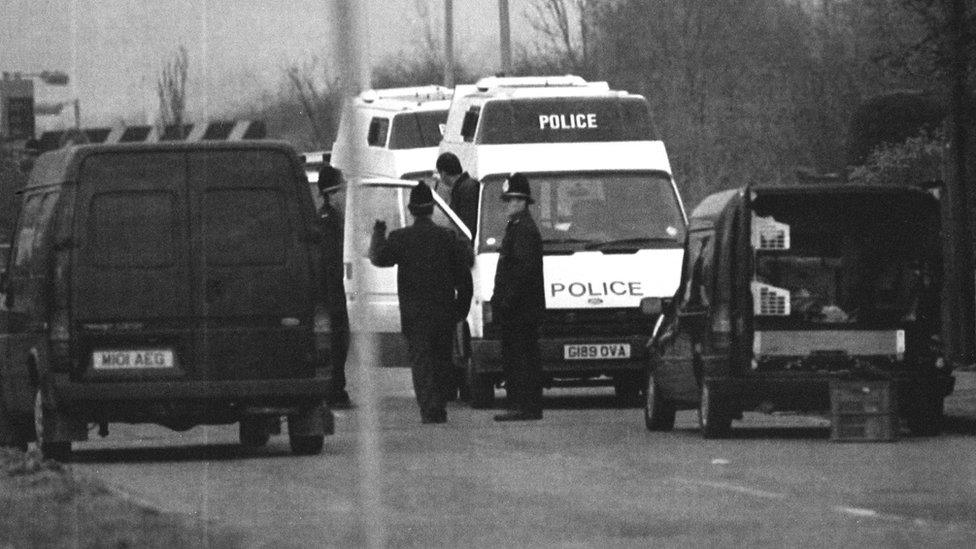 Photograph showing police on the scene shortly after the Rikki Neave's body was found in Peterborough in 1994