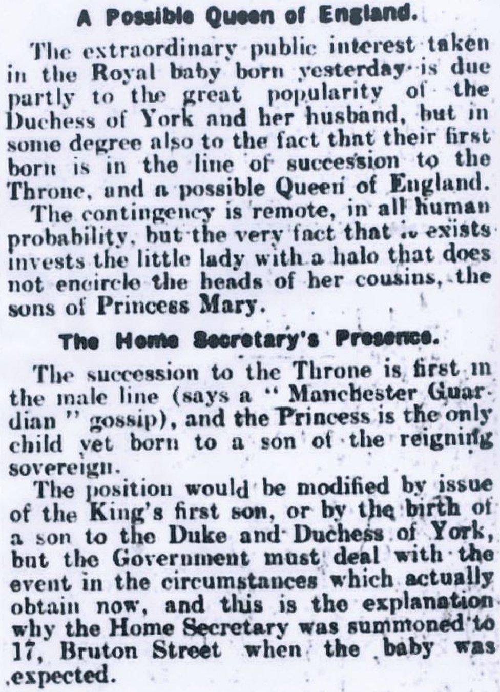 Newspaper cutting suggest the newborn princess could become queen