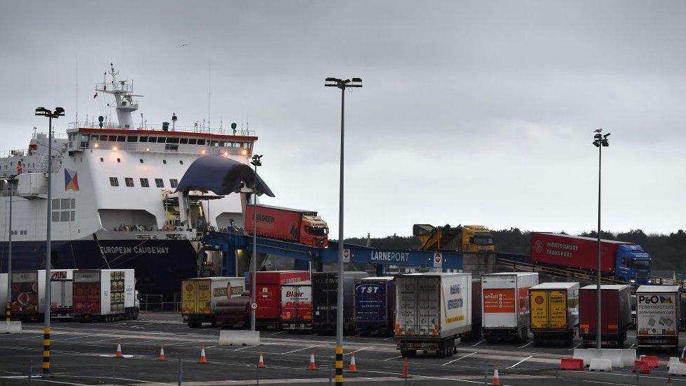 Lorries driving off a ferry in Larne