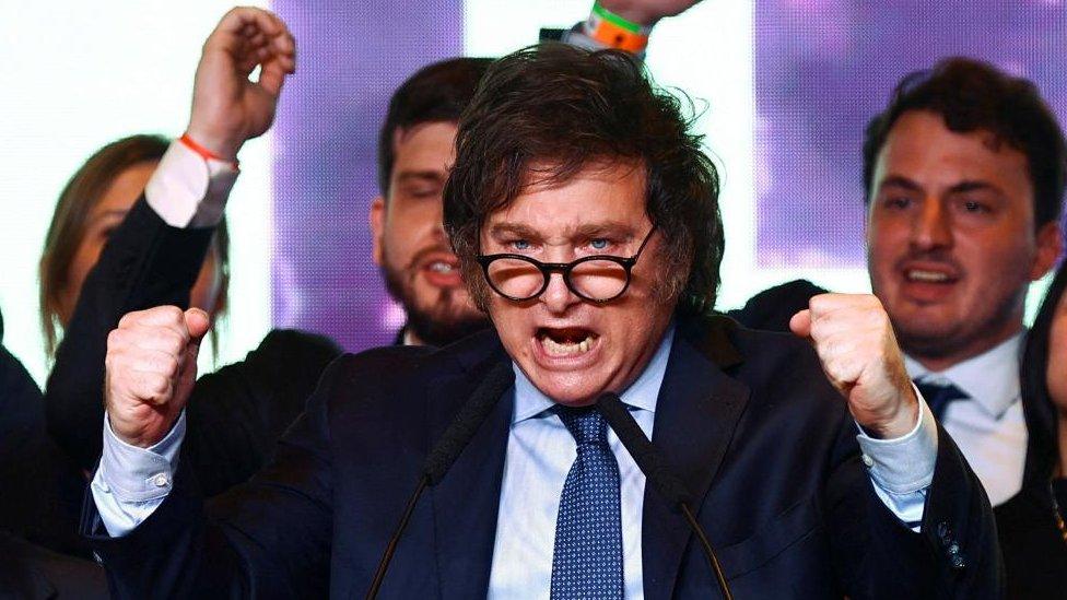 Argentina's presidential candidate Javier Milei addresses supporters as they react to the results of the presidential election, in Buenos Aires, Argentina, October 22, 2023.