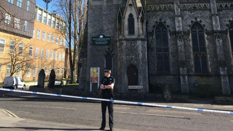 The police cordon which was set up outside the Ipswich International Church at the top of Portman Road