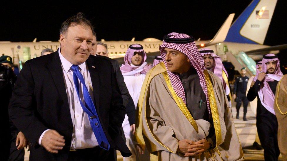 US Secretary of State Mike Pompeo is greeted by Saudi Minister of State for Foreign Affairs Adel al-Jubeir in Riyadh, January 13, 2019