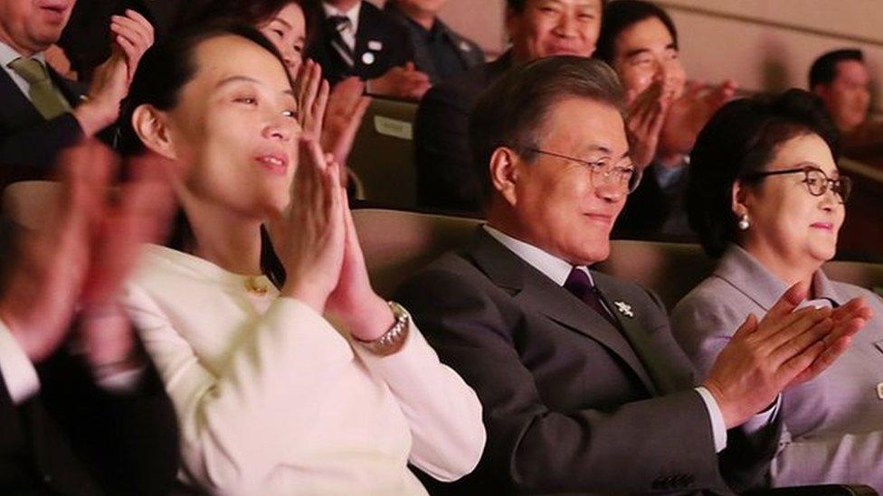 South Korean President Moon Jae-in (C) watches a performance of North Korea's Samjiyon Orchestra with North Korea's nominal head of state Kim Yong-Nam (L) and Kim Yo-Jong (2nd L) North Korean leader Kim Jong Un's sister at National Theater on February 11, 2018 in Seoul, South Korea.