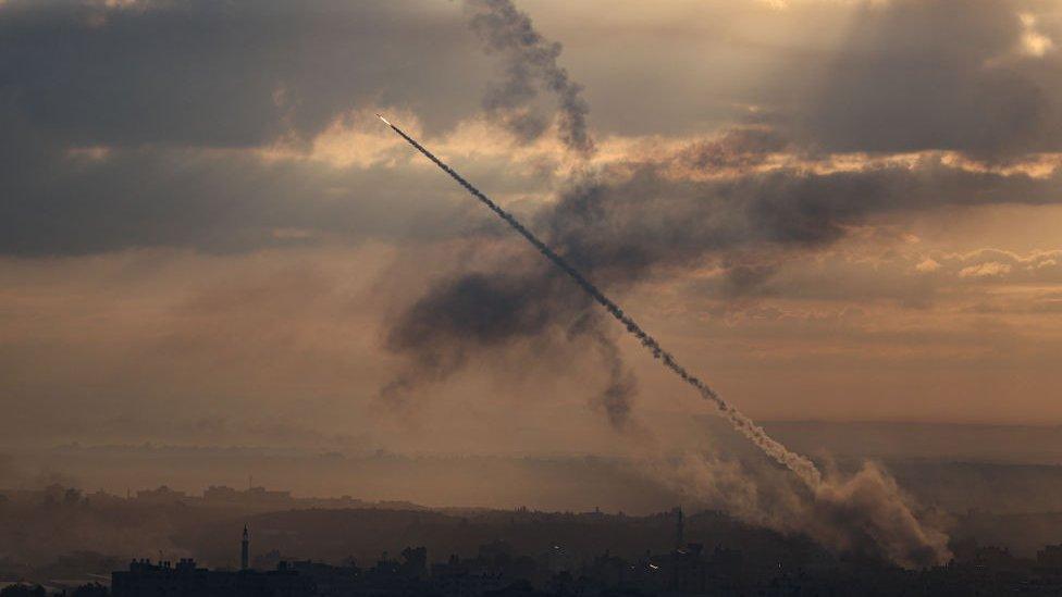 A rocket fired from Gaza into Israel, 7 October 2023