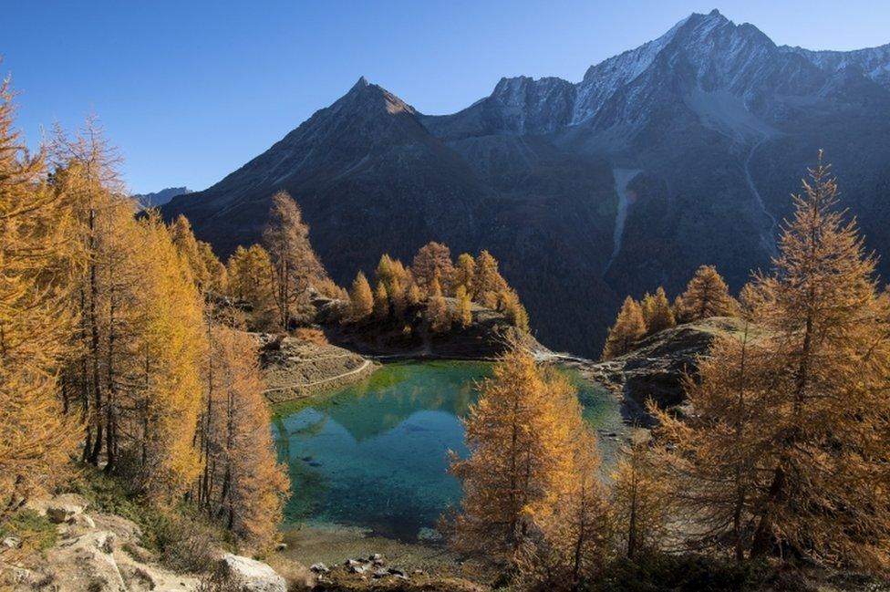 The Lac Bleu (2090m) pictured during a beautiful autumn day, near Arolla, in Valais, Switzerland