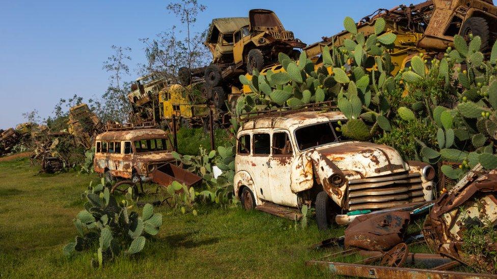 Military tank graveyard, Central region, Asmara, Eritrea on August 22, 2019 in Asmara, Eritrea.