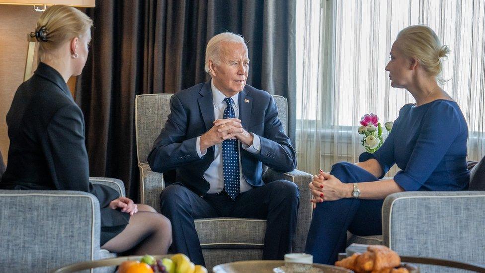 President Joe Biden speaking to Dasha and Yulya Navalny earlier