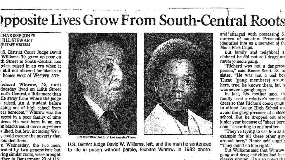 Newspaper clippings contrasted the judge who sentenced Winrow to life in prison, though they were from the same neighbourhood