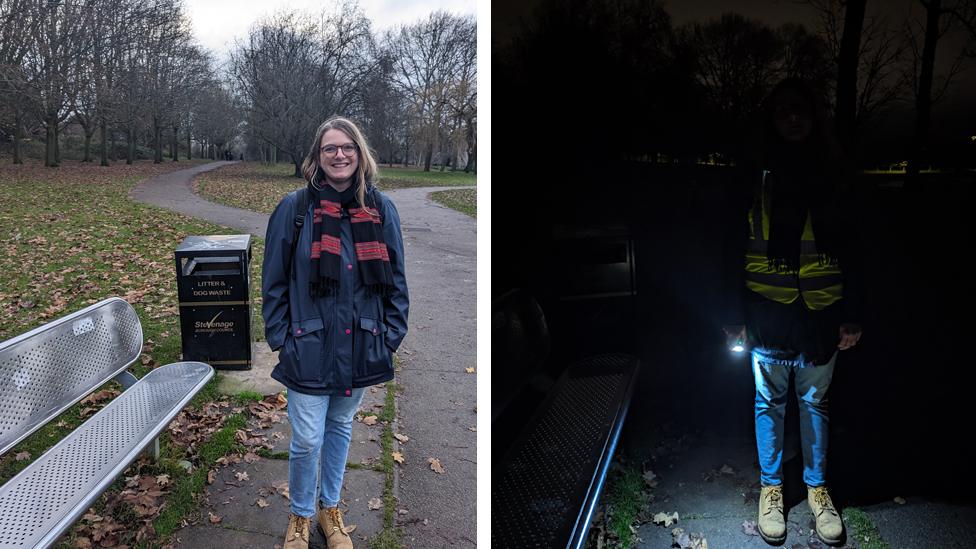 Jennifer Huygen on a path in Fairlands Valley Park, Stevenage, in the light and in the dark