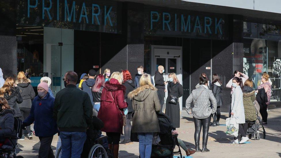 Shoppers queue outside Primark in Portsmouth