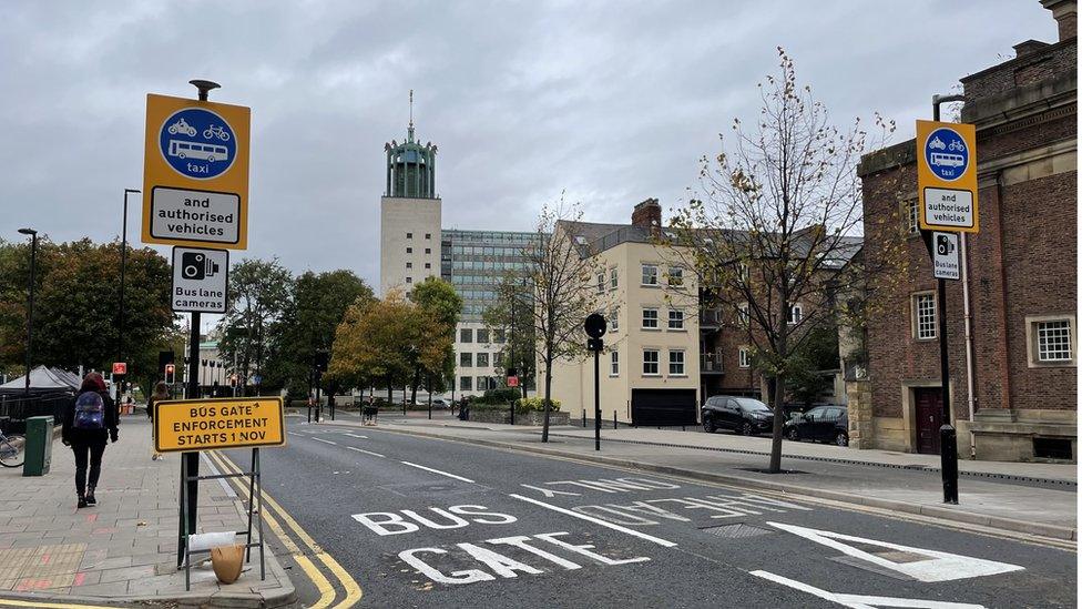 Bus lane camera signs on John Dobson Street in Newcastle