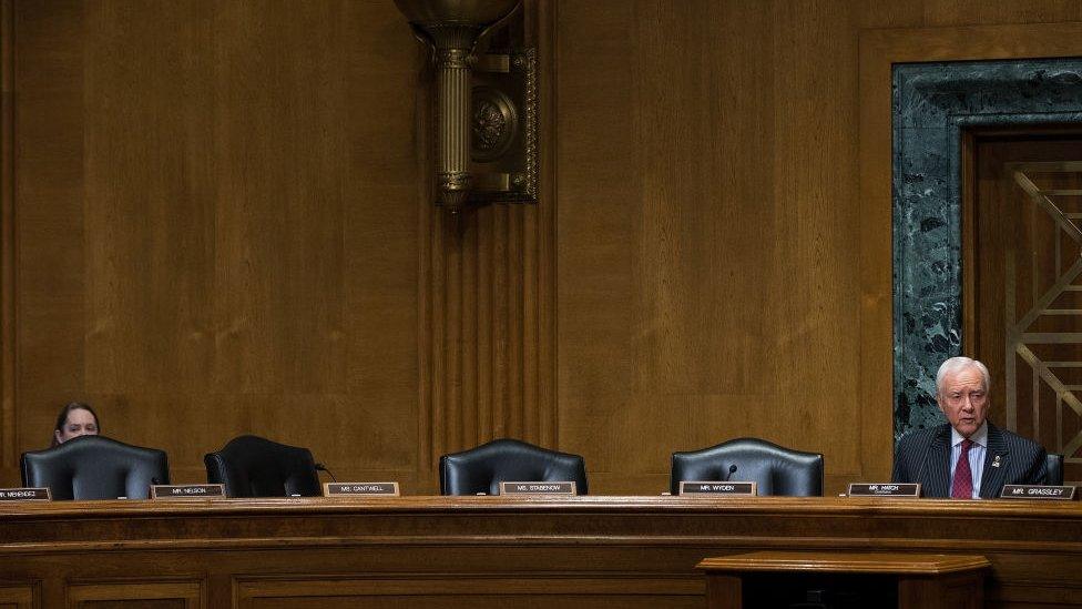 With empty Democrat seats to his right, committee chairman Orrin Hatch (R-UT) speaks during a meeting of the Senate Finance Committee to vote on the nominations of cabinet nominees Tom Price and Steve Mnuchin, on Capitol Hill, February 1, 2017 in Washington, DC