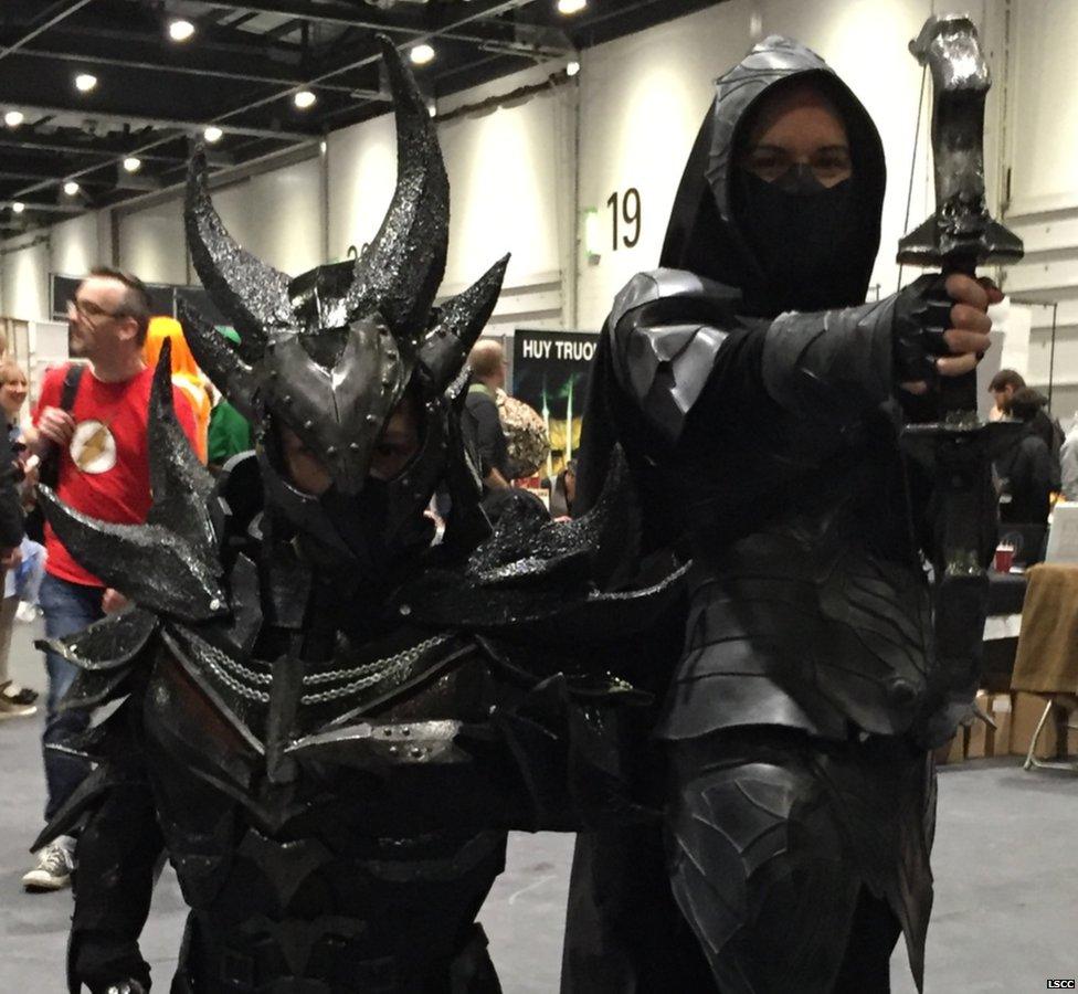 Two fans dressed as characters from Sky Rim