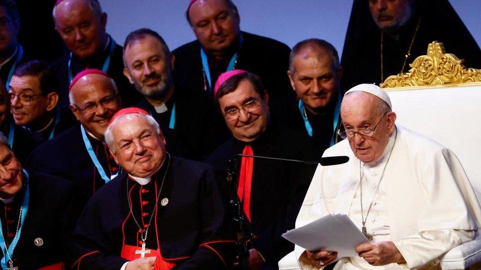 Pope Francis speaks during a meeting at Palais du Pharo