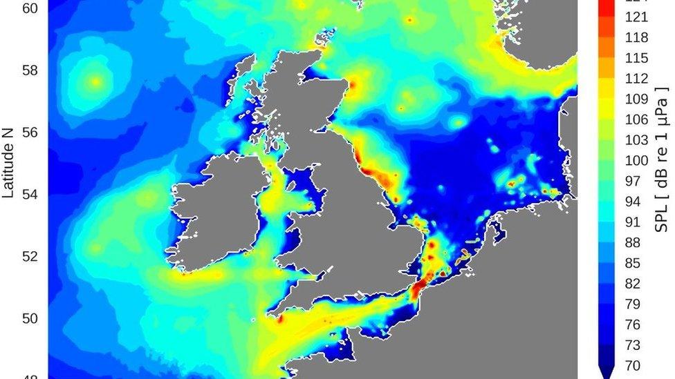 Map of sea areas with most underwater noise