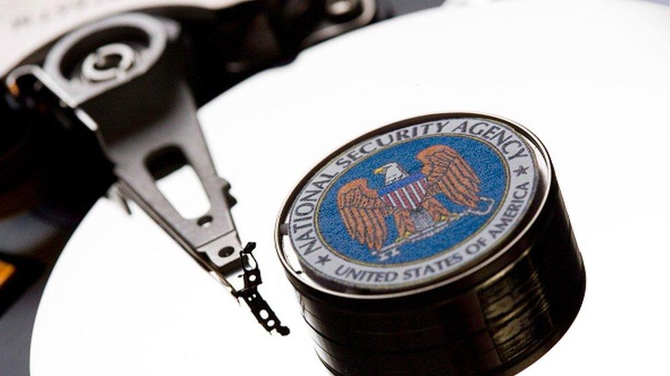 A computer hard drive with the logo of the National Security Agency