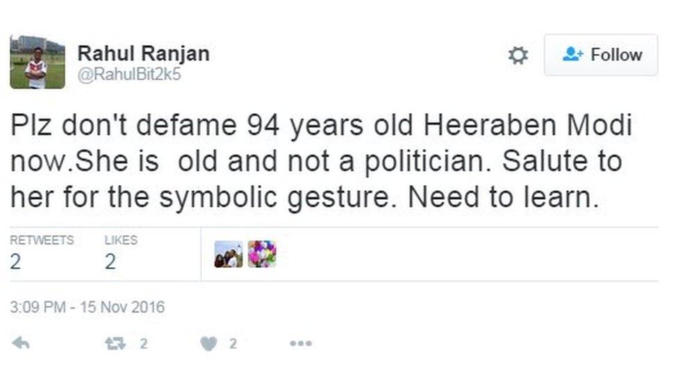 Plz don't defame 94 years old Heeraben Modi now.She is old and not a politician. Salute to her for the symbolic gesture. Need to learn