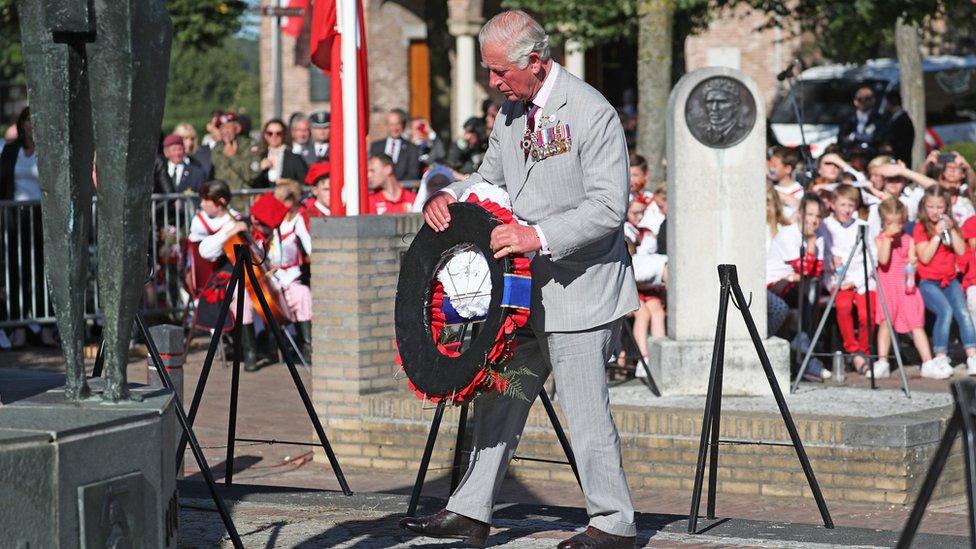 Prince Charles lays a wreath during the Polish Airborne Commemorative Service in Driel, Netherlands