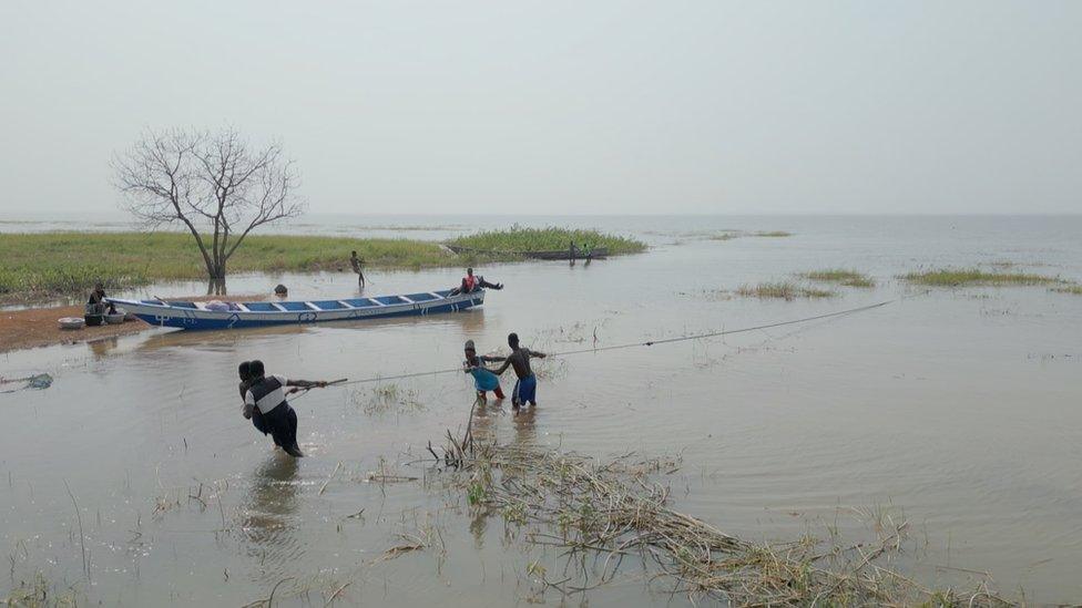 People pulling a boat to shore