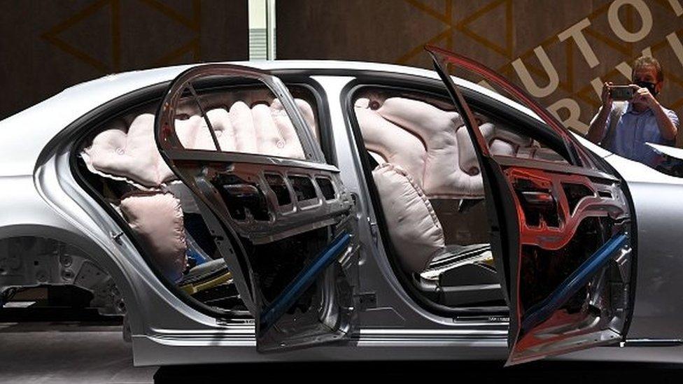 Airbag functionality is demonstrated in a Mercedes car during a press preview at the International Motor Show (IAA), on September 6, 2021 in Munich,