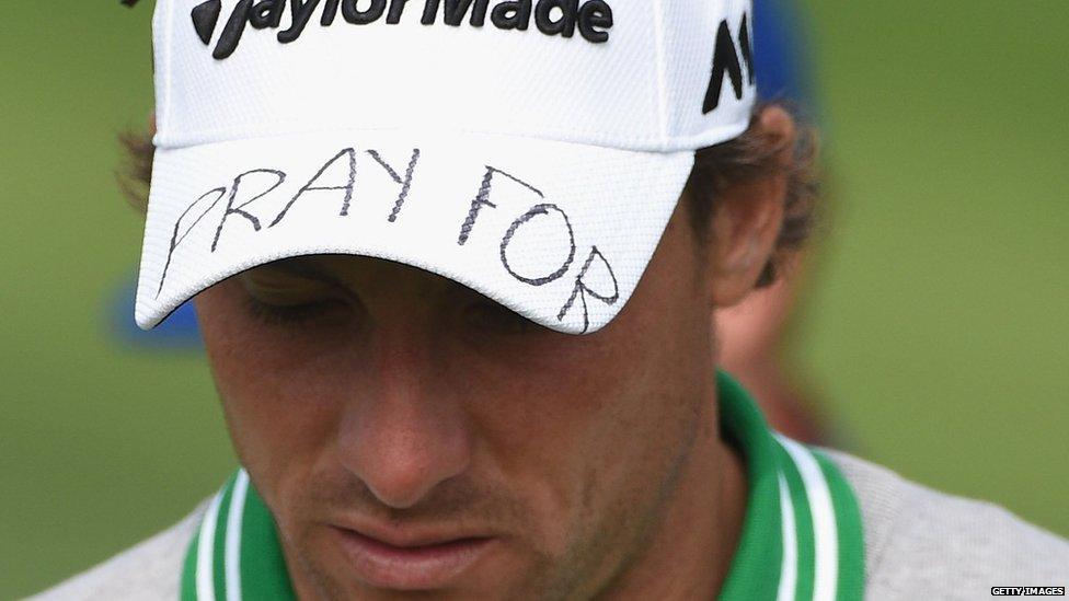 French golfer Benjamin Hebert with "pray for Paris" on his hat