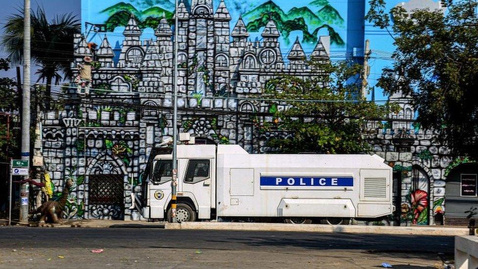 A police water canon vehicle seen during an anti-coup demonstration