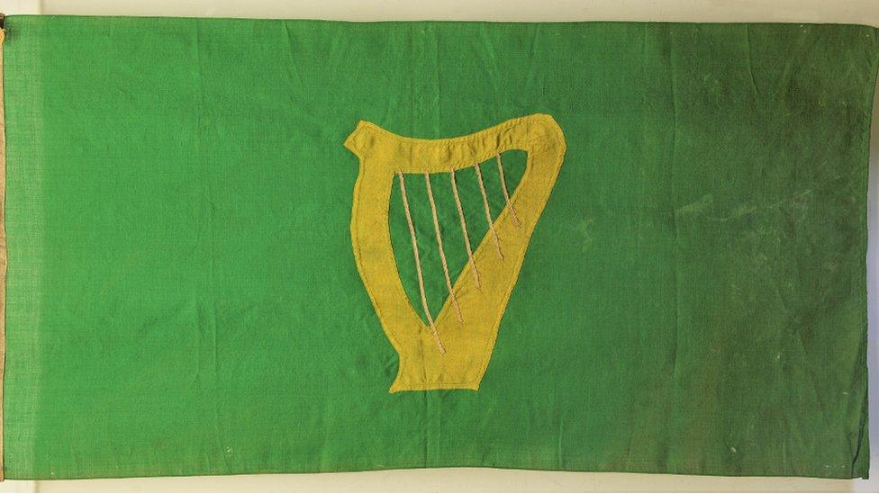 The uncrowned green harp flag that was flown above Liberty Hall