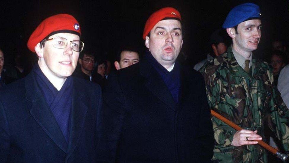 Peter Robinson was photographed wearing a beret at a rally of the paramilitary Ulster Resistance movement in 1986