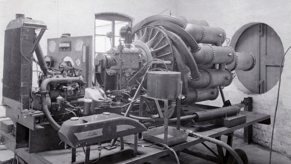 First ground test engine (the WU) at Power Jets works in Lutterworth, 1938.