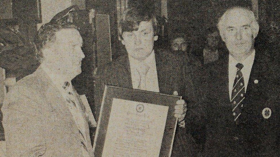 Jock Stein presenting Torbett with award