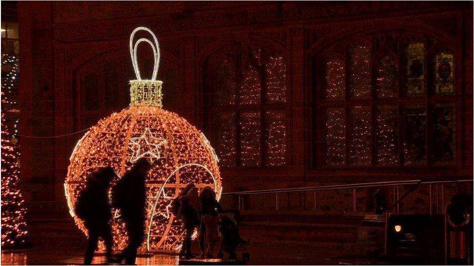 Christmas lights outside the Guildhall Theatre in Londonderry