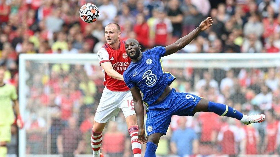 Chelsea's Romelu Lukaku challenges for a header in match against Arsenal