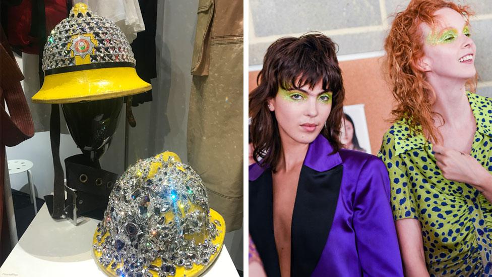 An embellished helmet and models backstage