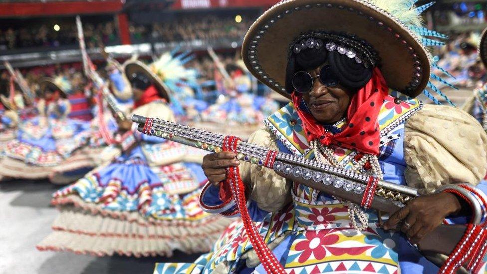 Revellers from Imperatriz Leopoldinense samba school perform during the second night of the carnival parade at the Sambadrome, in Rio de Janeiro, Brazil February 21, 2023.